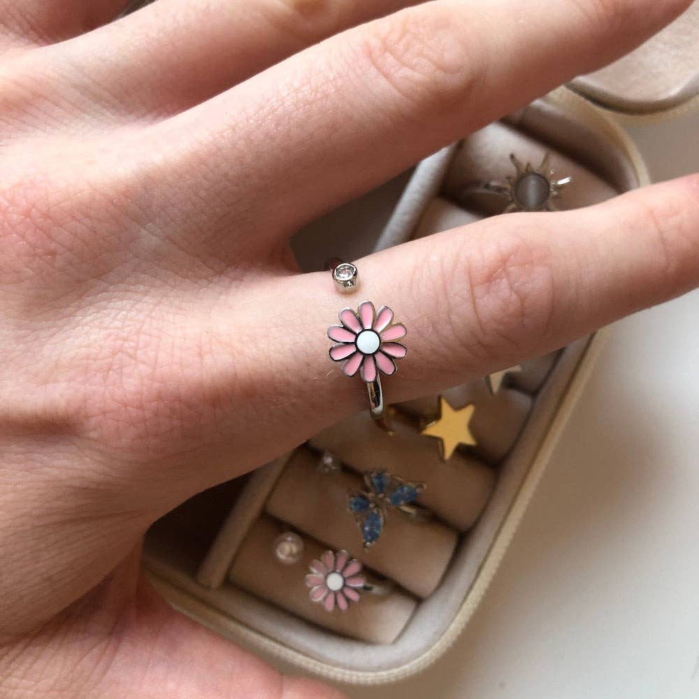 Rotating daisy crystal adjustable anxiety ring
