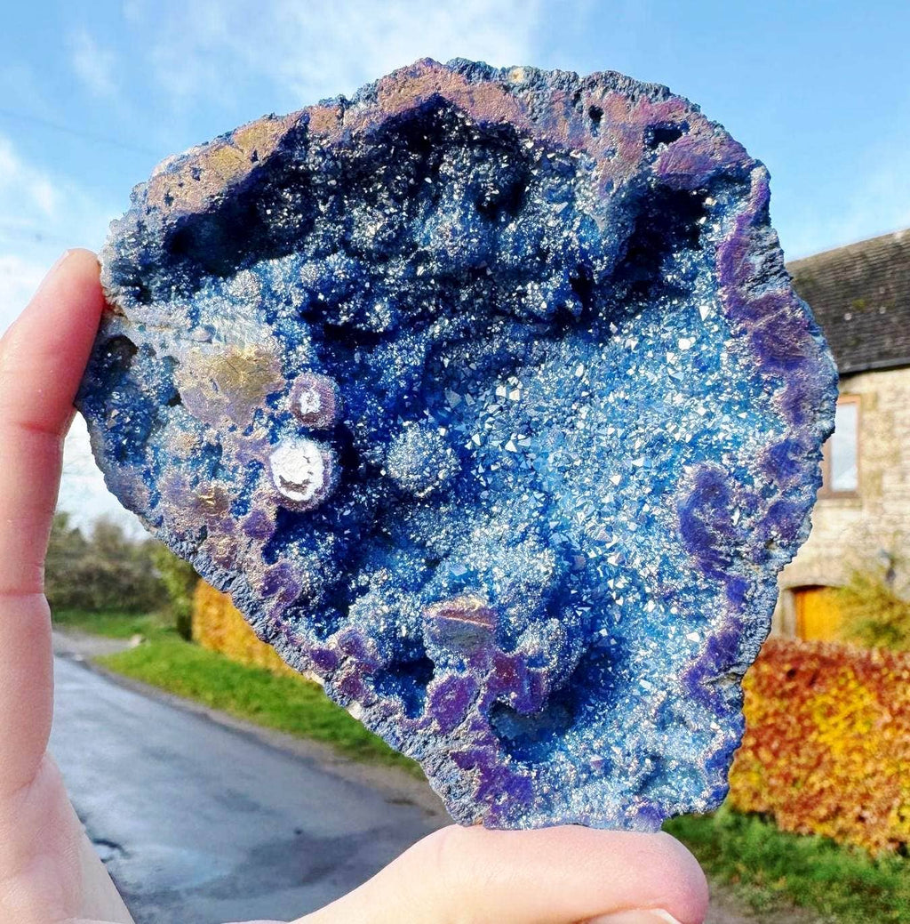Giant sparkle geode 7cm Pair blue aura plated geode