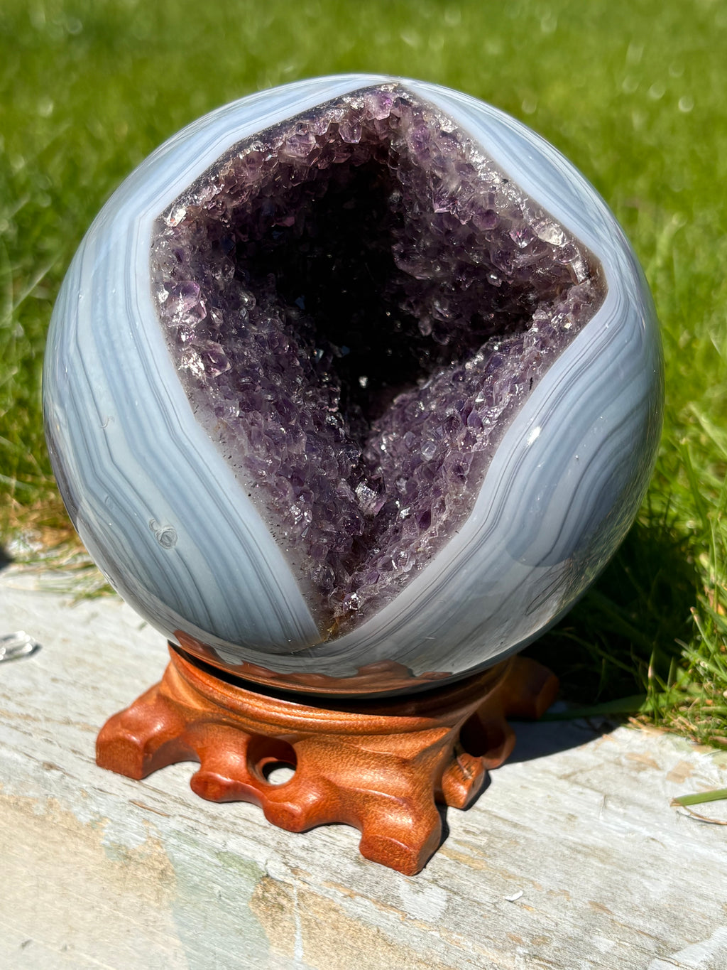RARE! XL Blue Lace Agate Amethyst Druzy Sphere on wooden stand