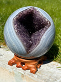 RARE! XL Blue Lace Agate Amethyst Druzy Sphere on wooden stand