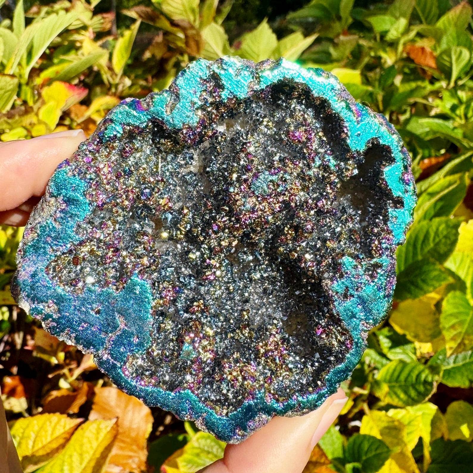 Giant sparkle geode 7cm Pair blue aura plated geode