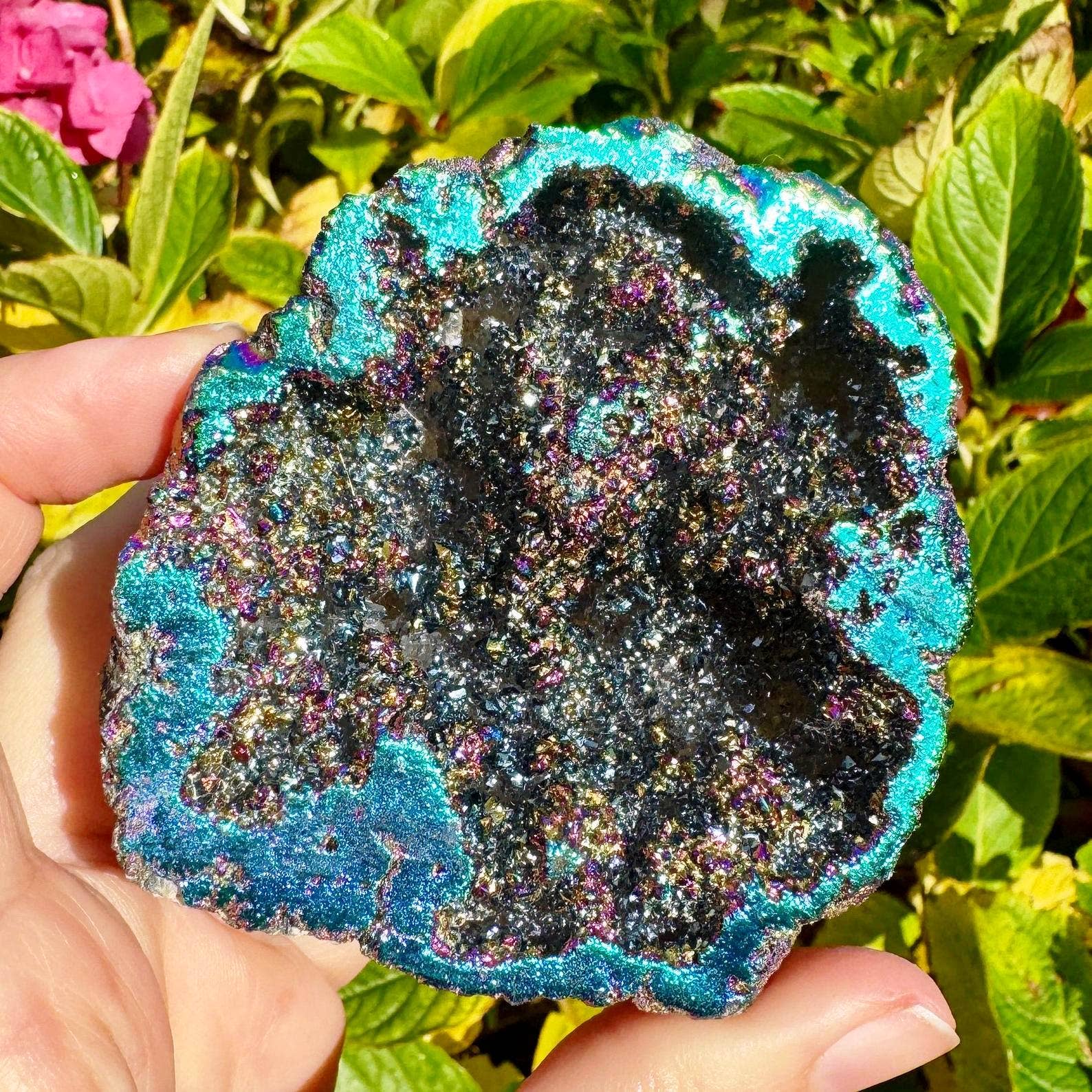 Giant sparkle geode 7cm Pair blue aura plated geode