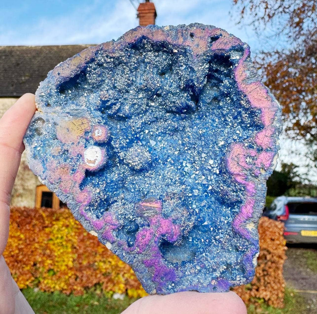 Giant sparkle geode 7cm Pair blue aura plated geode