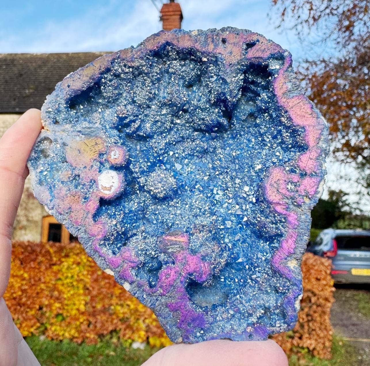Giant sparkle geode 7cm Pair blue aura plated geode