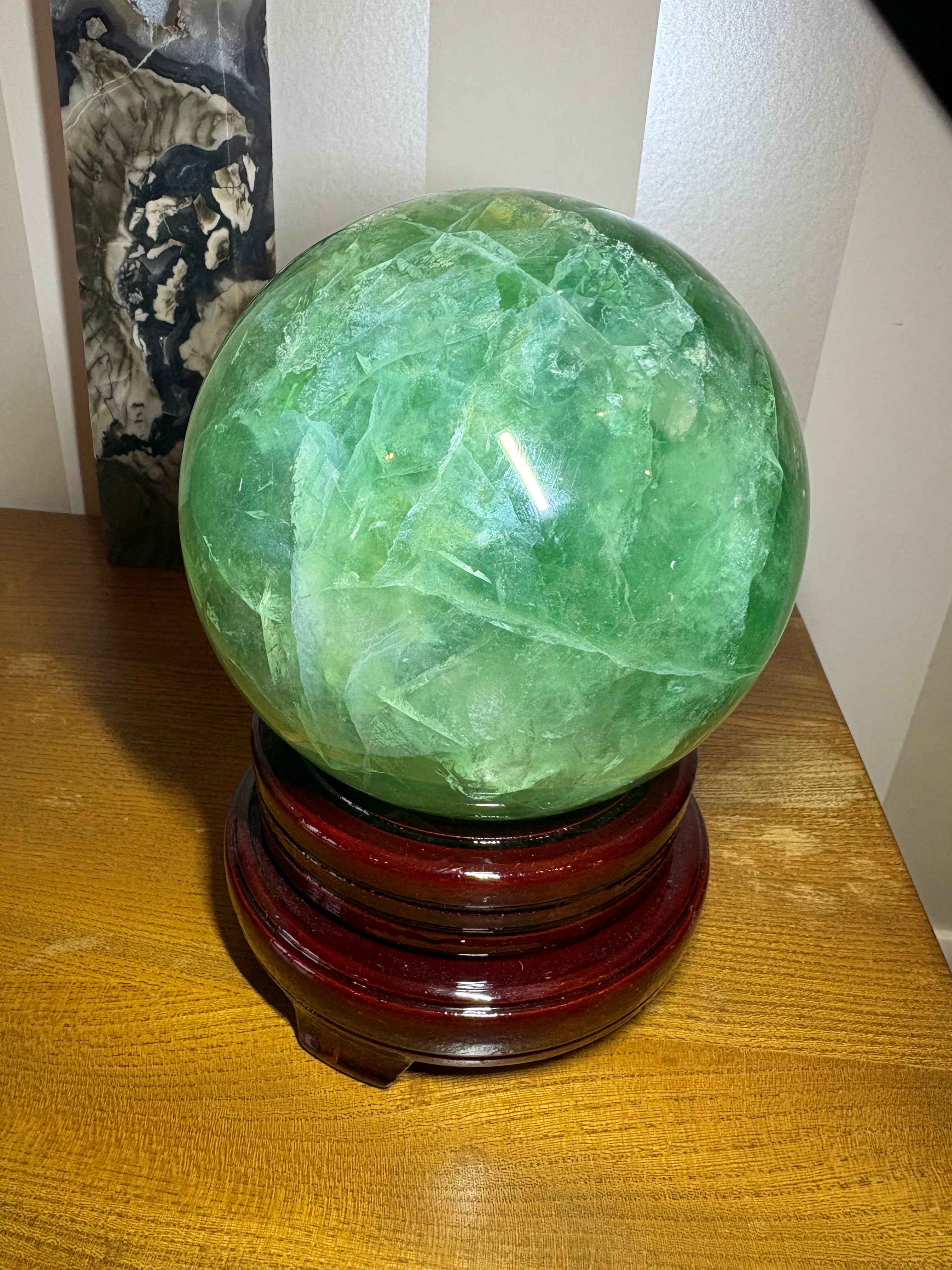 XL Fluorite Sphere with wooden spinning stand