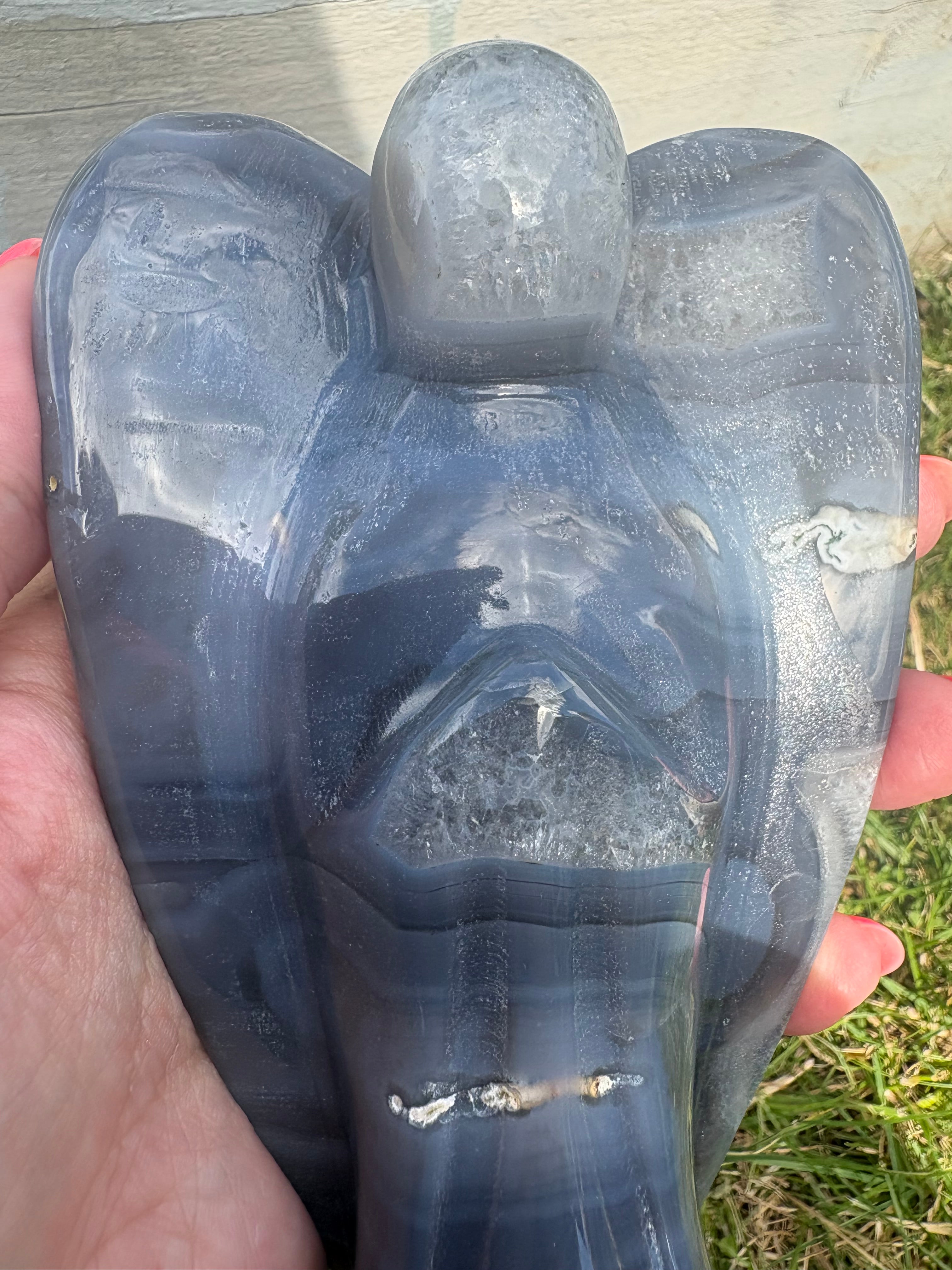 Rare Blue Lace Angel Carving with Clear Quartz inclusions and beautiful banding