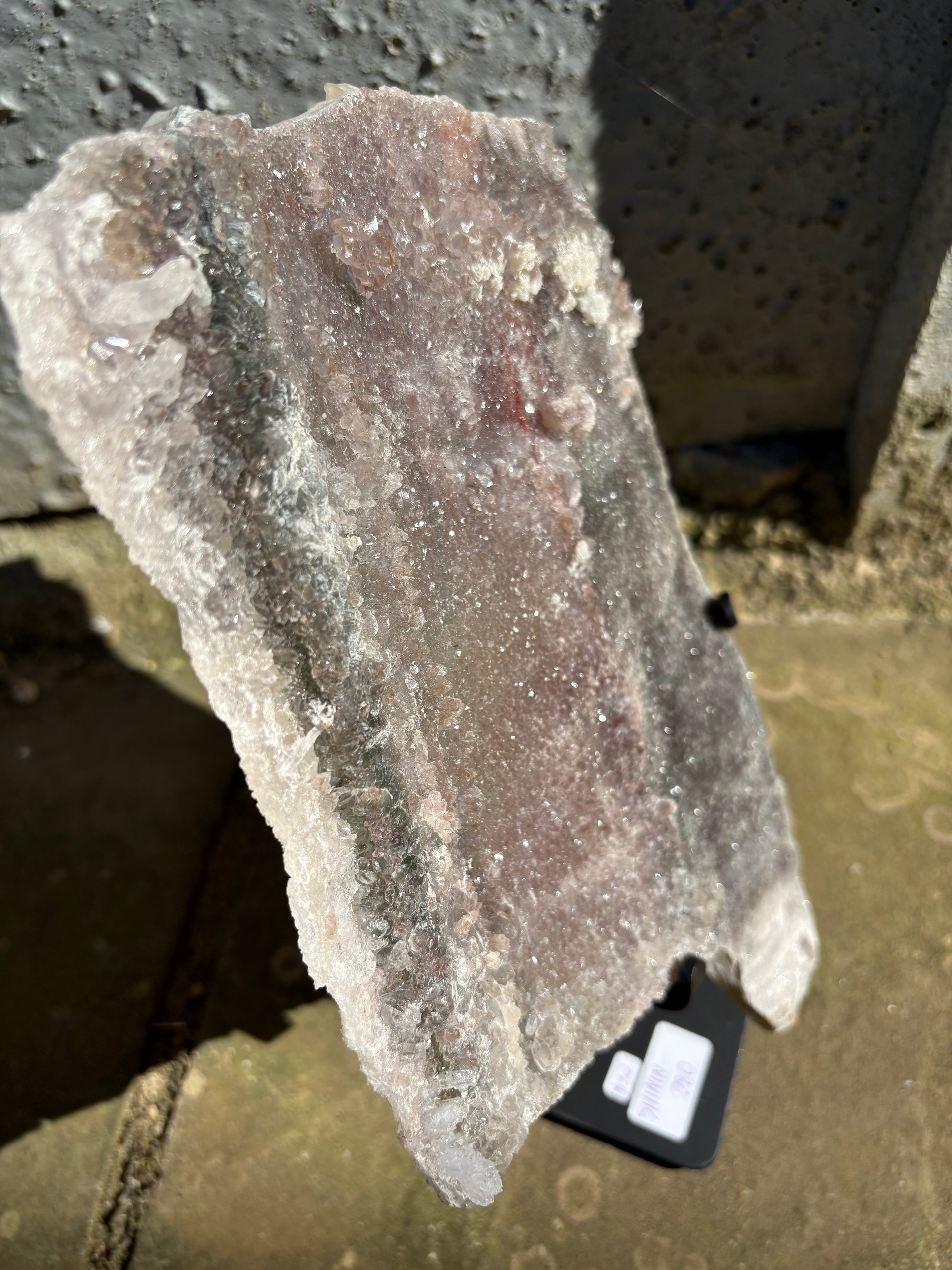 Zeolite flat from Argentina with Praziolite crystals around 45cm height with custom stand
