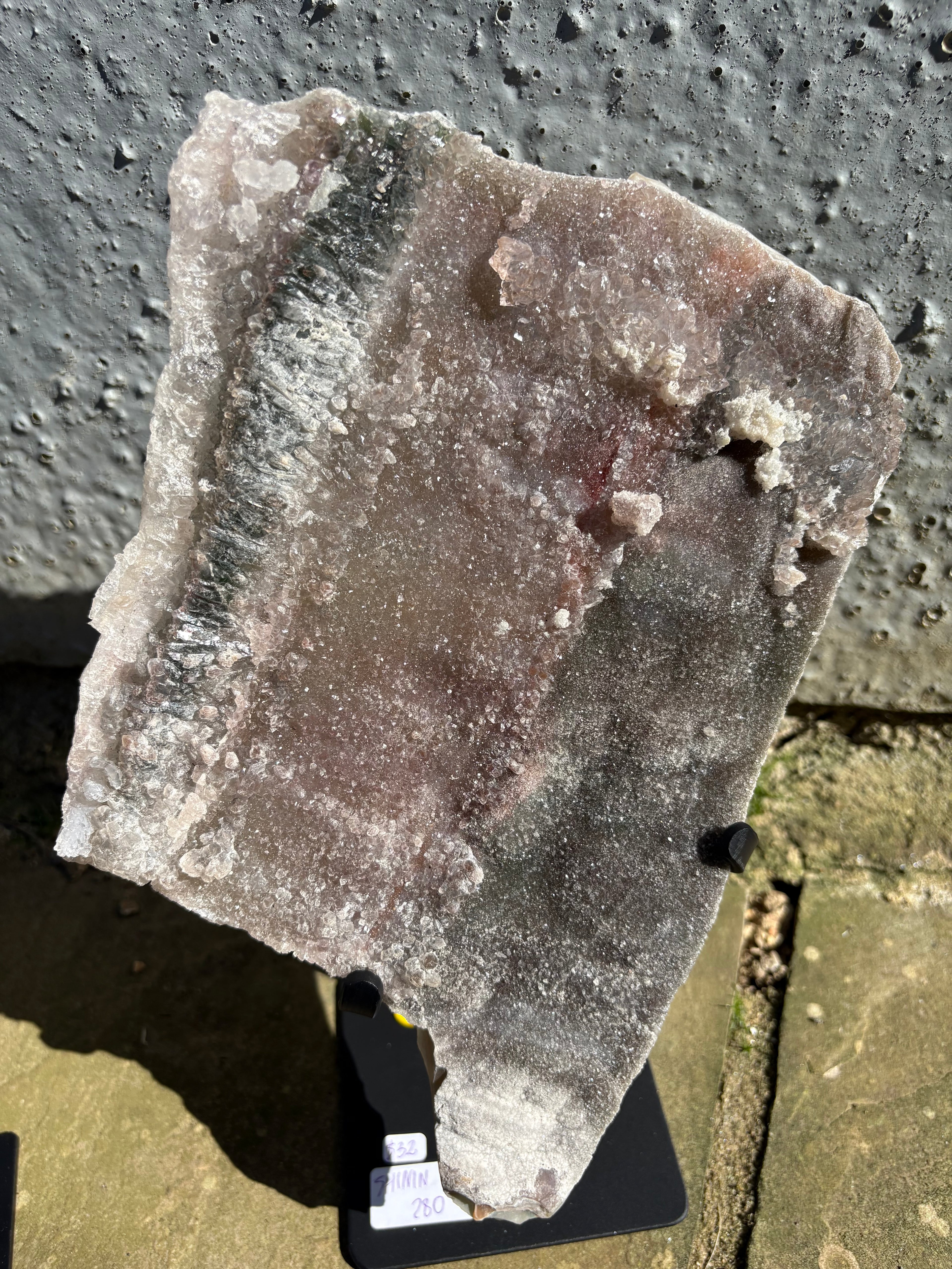 Zeolite flat from Argentina with Praziolite crystals around 45cm height with custom stand