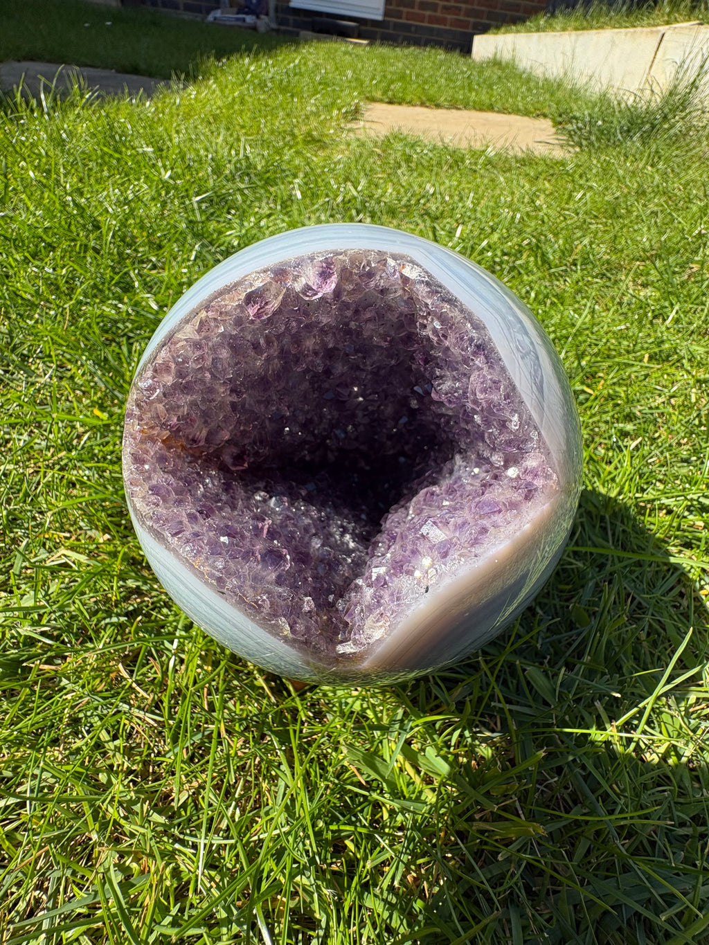 RARE! XL Blue Lace Agate Amethyst Druzy Sphere on wooden stand