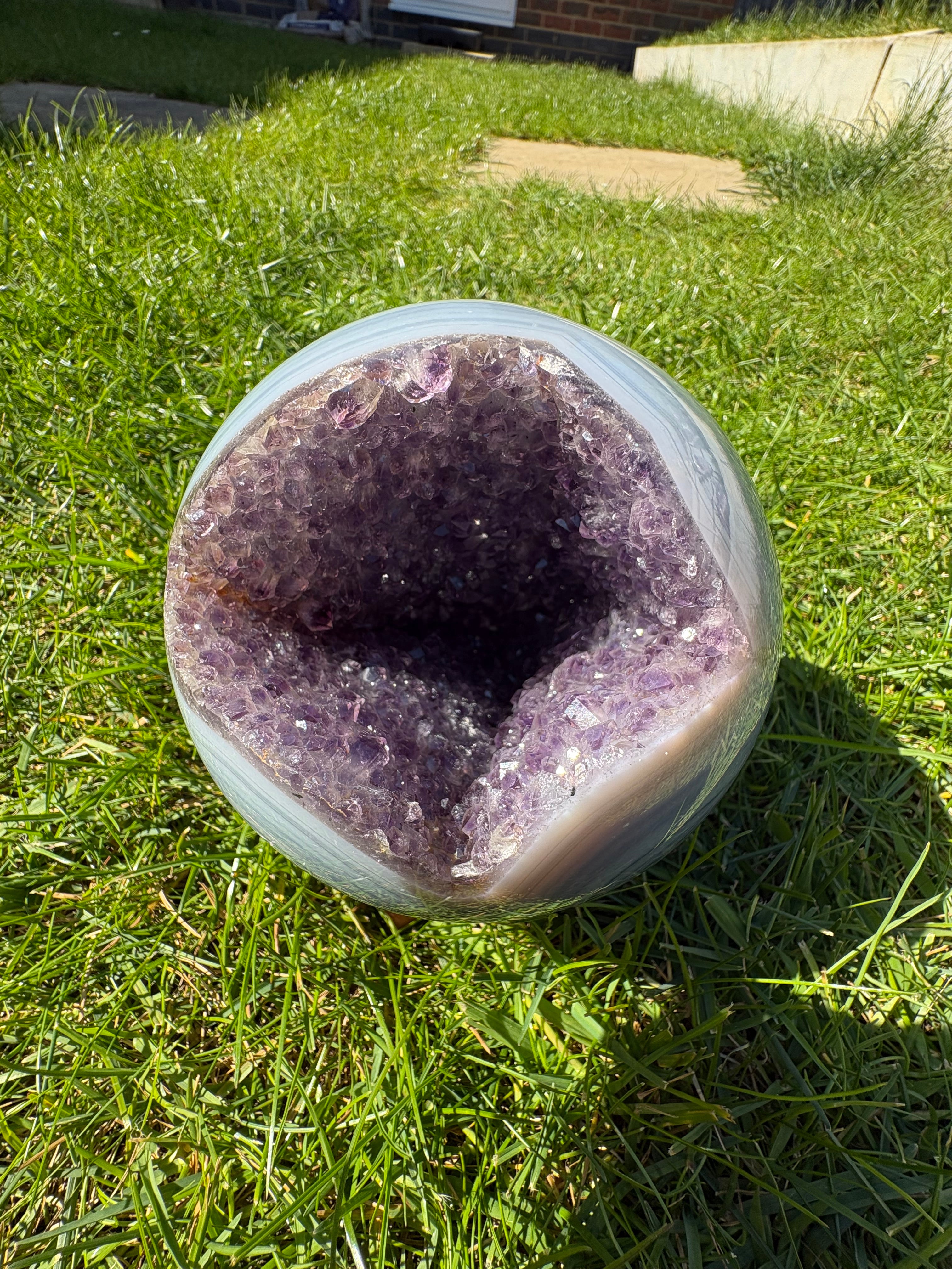 RARE! XL Blue Lace Agate Amethyst Druzy Sphere on wooden stand