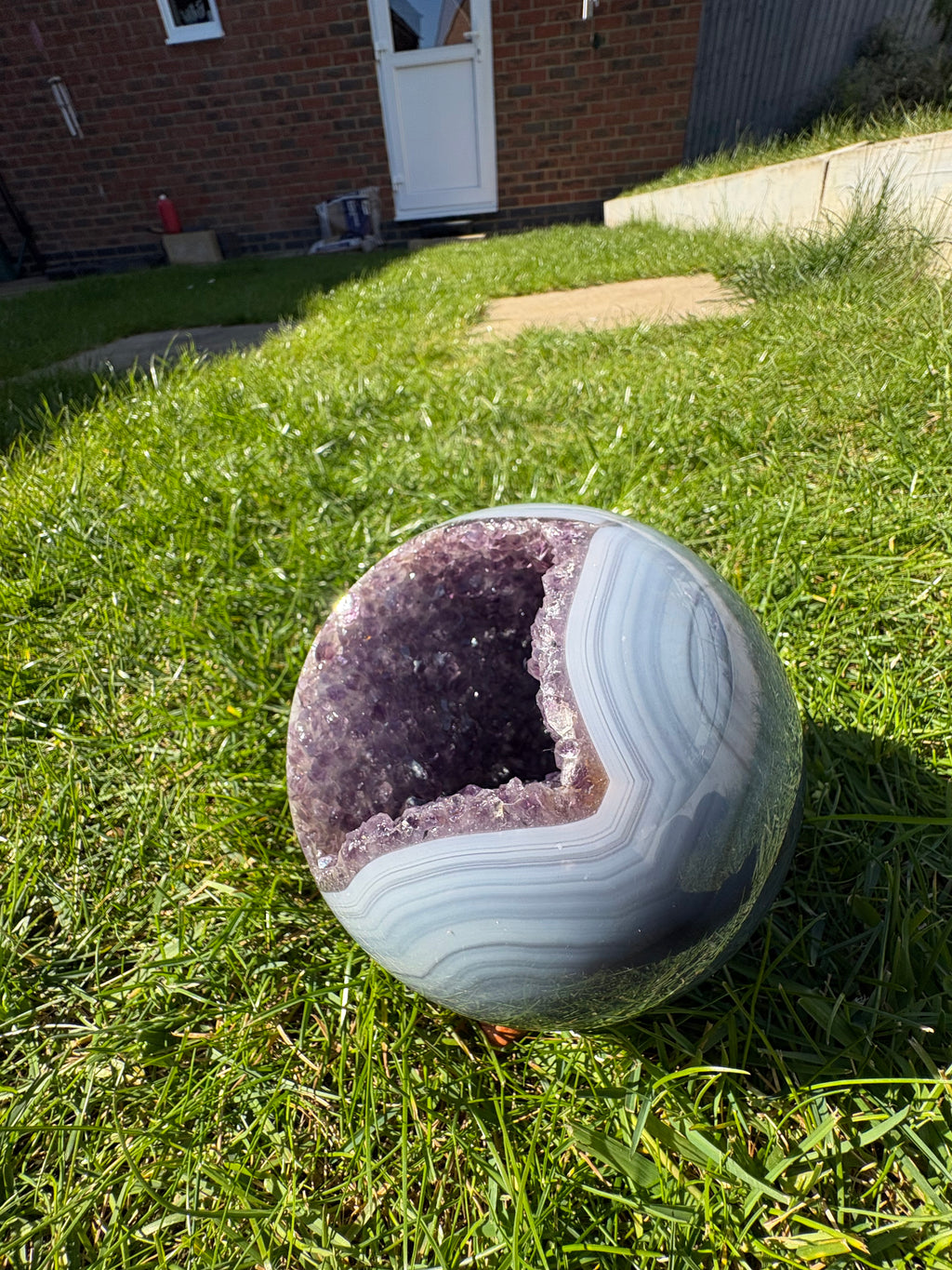 RARE! XL Blue Lace Agate Amethyst Druzy Sphere on wooden stand