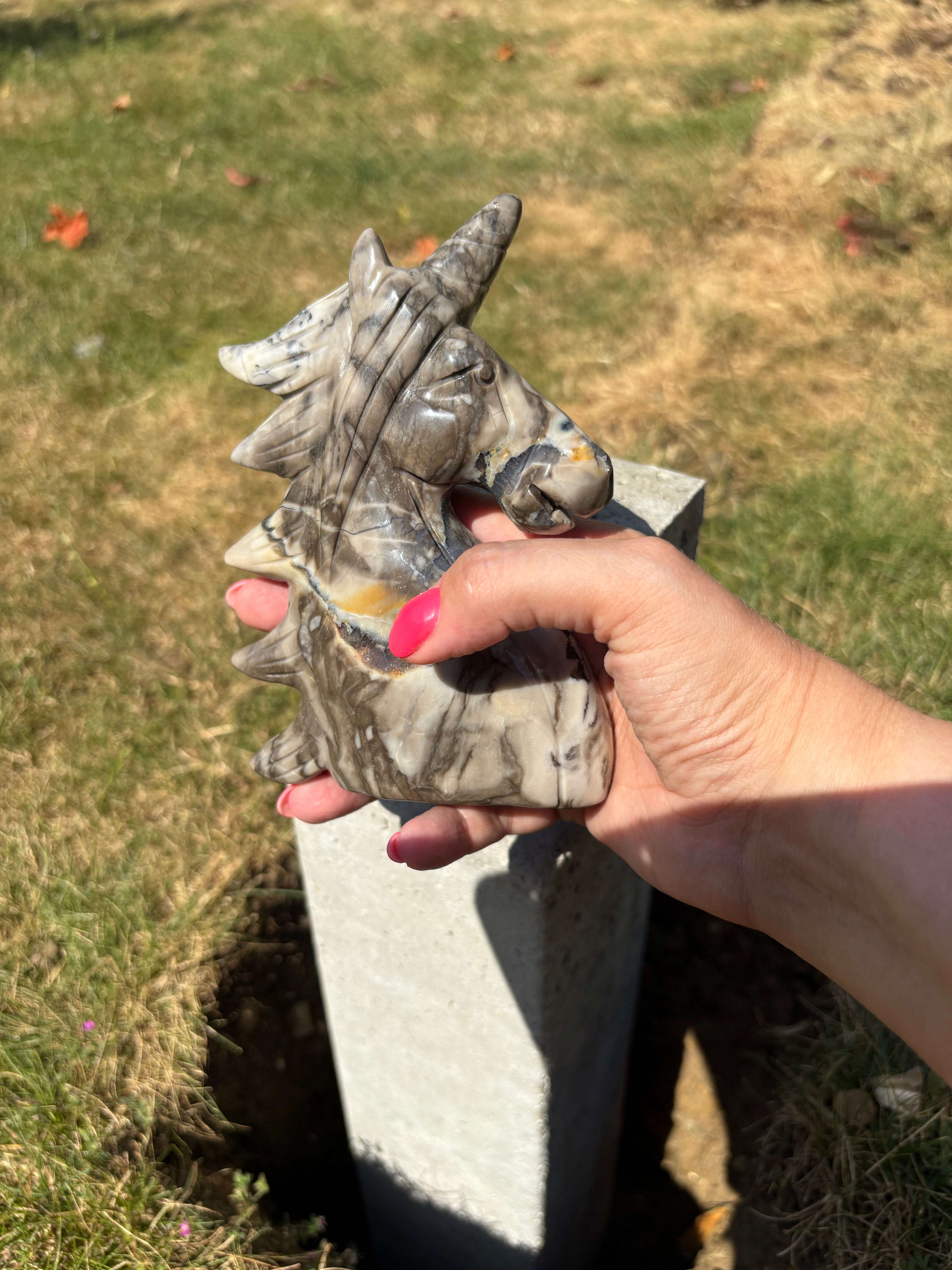Volcano agate with golden healer unicorn statuette