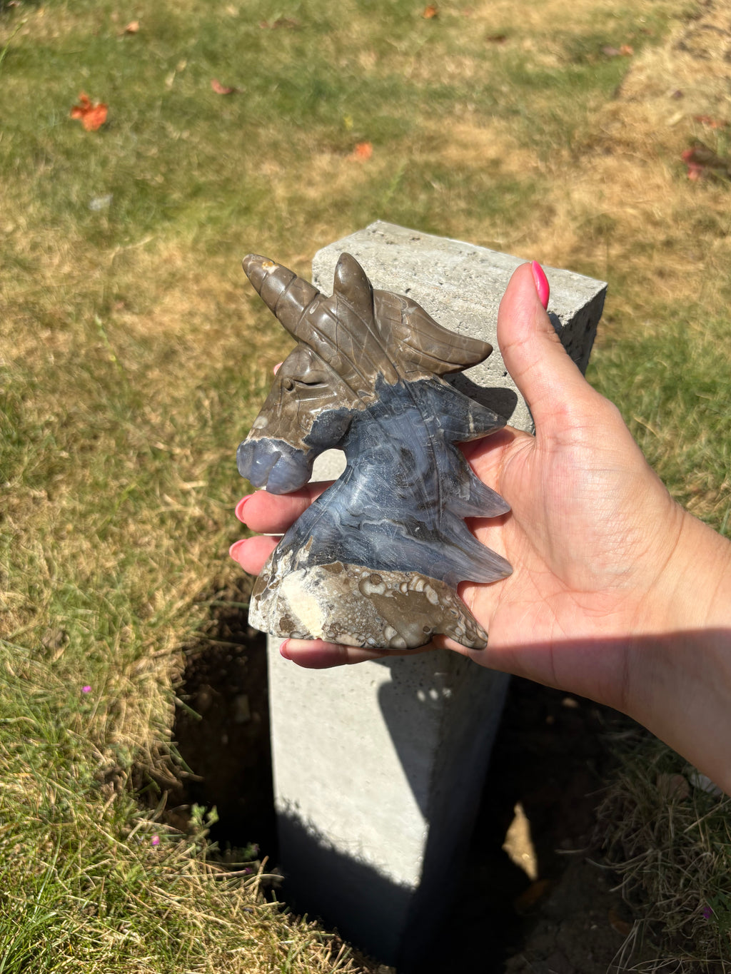 Volcano agate with blue lace banding unicorn statuette