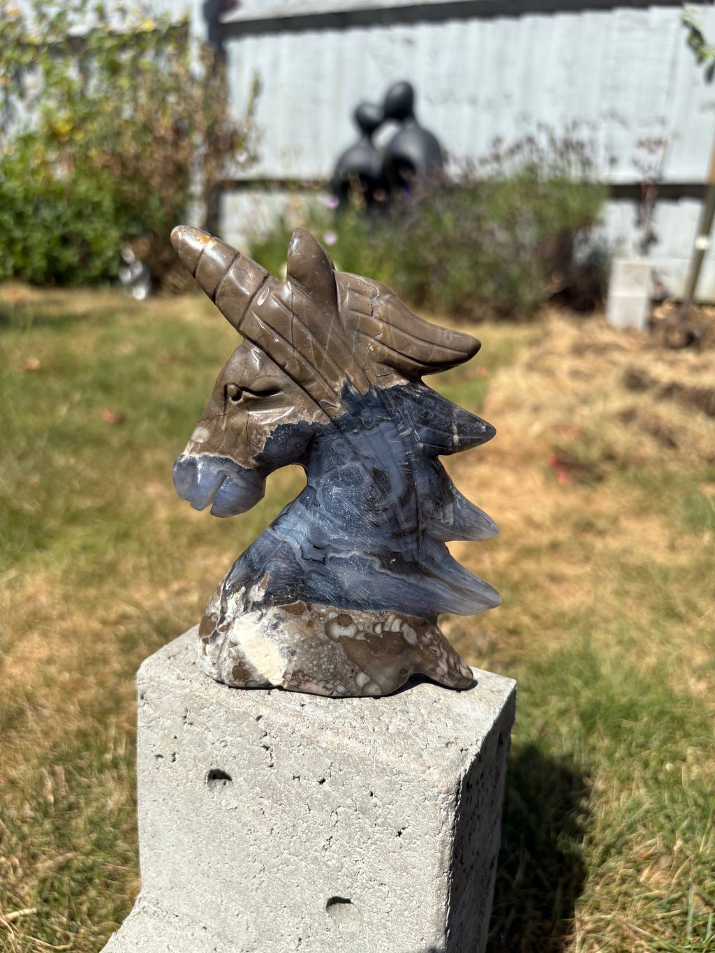 Volcano agate with blue lace banding unicorn statuette