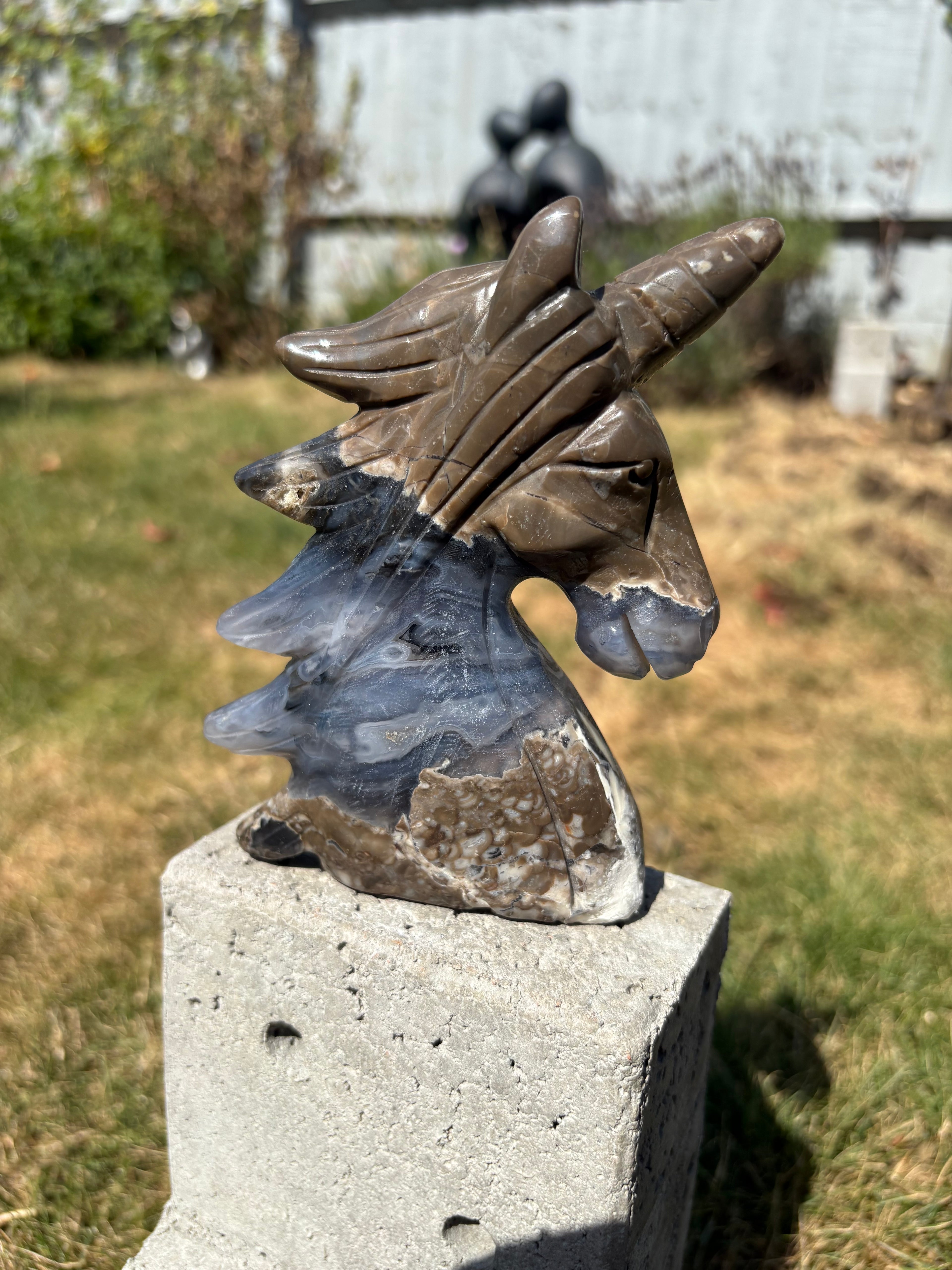 Volcano agate with blue lace banding unicorn statuette