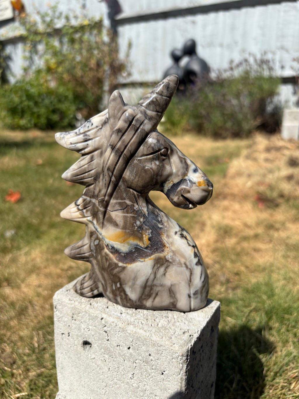 Volcano agate with golden healer unicorn statuette