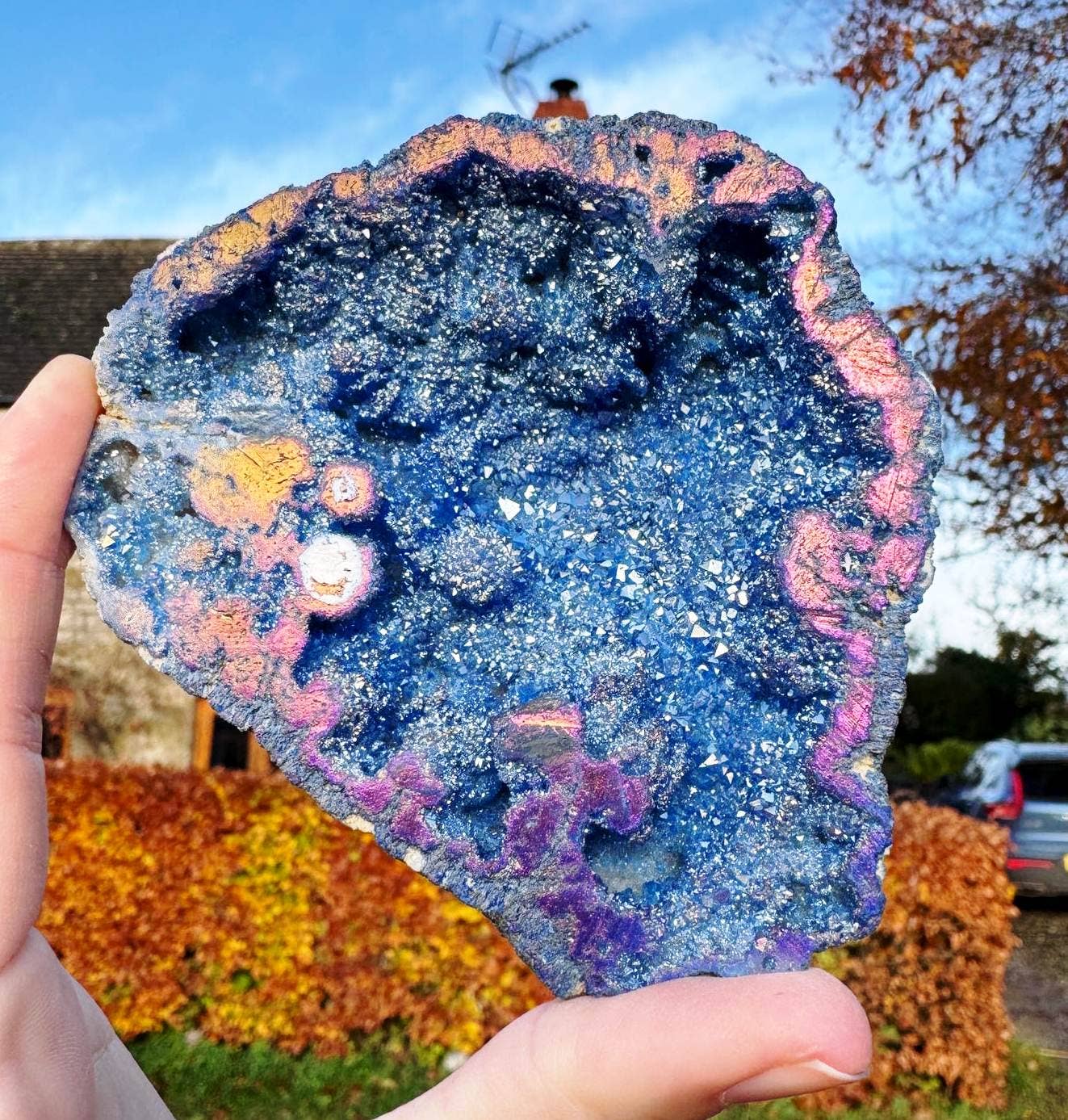 Giant sparkle geode 7cm Pair blue aura plated geode